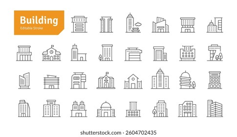 Buildings Line Editable Stroke Icons Set. Real Estate, House, Home, Apartment, Condominium, Hotel, Mall, City, Cityscape, Town, Downtown, Museum. Architecture Buildings Icons Vector Illustration