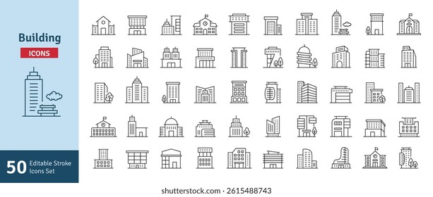 Buildings Line Editable Stroke Icons Set. Real Estate, House, Home, Apartment, Condominium, Hotel, Mall, City, Cityscape, Town, Downtown, Museum. Architecture Buildings Icons Vector Illustration