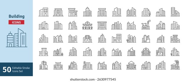 Buildings Line Editable Stroke Icons Set. Real Estate, House, Hospital, Industry, Home, Apartment, Hotel, Cityscape, Downtown. Architecture Buildings Icons Vector Illustration