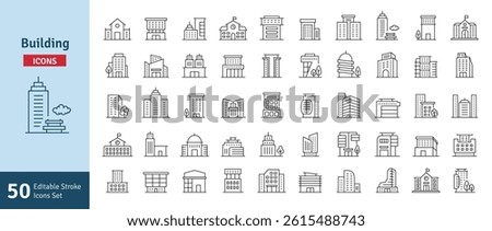 Buildings Line Editable Stroke Icons Set. Real Estate, House, Home, Apartment, Condominium, Hotel, Mall, City, Cityscape, Town, Downtown, Museum. Architecture Buildings Icons Vector Illustration