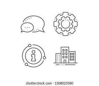 Buildings line icon. Chat bubble, info sign elements. City apartments sign. Architecture building symbol. Linear buildings outline icon. Information bubble. Vector