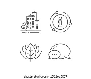 Buildings line icon. Chat bubble, info sign elements. City architecture with tree sign. Skyscraper building symbol. Linear buildings outline icon. Information bubble. Vector