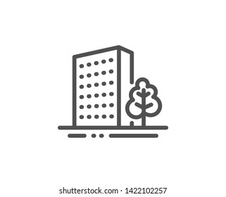 Buildings line icon. City architecture with tree sign. Skyscraper building symbol. Quality design element. Linear style buildings icon. Editable stroke. Vector