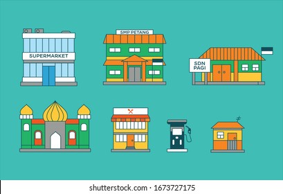 Gebäude Linie Symbol farbige Set. Supermarkt, Oberschule, Grundschule, Moschee, Restaurant, Tankstelle, Haus . Kann für Themen wie Stadt, Haus, Karte verwendet werden