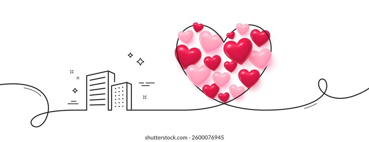 Buildings line icon. Continuous line big heart. City architecture sign. Skyscraper building symbol. 3d hearts in heart shaped loop. Buildings single line ribbon. Loop curve pattern. Vector