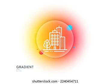 Icono de línea de construcción. Botón de desenfoque degradado con gafas. Arquitectura urbana con signo de árbol. Símbolo de construcción de rascacielos. Diseño de vidrio transparente. Icono de línea de construcción. Vector