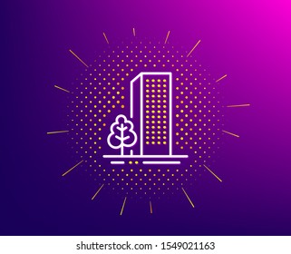 Buildings line icon. Halftone pattern. City architecture with tree sign. Skyscraper building symbol. Gradient background. Buildings line icon. Yellow halftone pattern. Vector