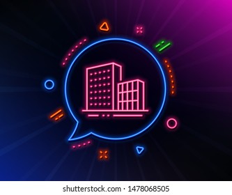 Buildings line icon. Neon laser lights. City architecture sign. Skyscraper building symbol. Glow laser speech bubble. Neon lights chat bubble. Banner badge with buildings icon. Vector