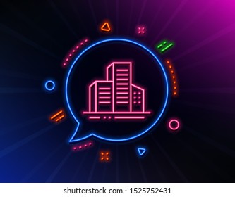 Buildings line icon. Neon laser lights. City architecture sign. Skyscraper building symbol. Glow laser speech bubble. Neon lights chat bubble. Banner badge with buildings icon. Vector