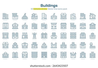 Edifícios ícone da linha pack. Edifícios Conjunto de ícones Traço. ícone Traçado editável.