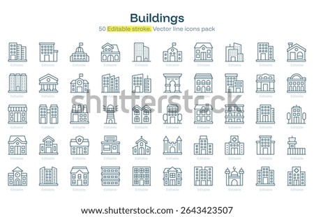 Buildings line icon pack. Buildings Stroke icon set. Editable Stroke icon.