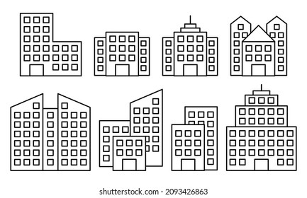 Buildings line icon set. Architecture concept. Can be used for topics like office, city, real estate.  Vector illustration. Eps 10.
