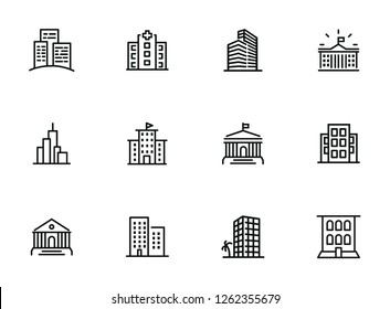 Conjunto de iconos de línea de edificios. Banco, escuela, corte, universidad, biblioteca. Concepto de arquitectura. Se puede usar para temas como oficina, ciudad, bienes raíces