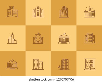 Buildings line icon set. Bank, school, courthouse, university, library. Architecture concept. Can be used for topics like office, city, real estate