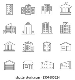 Buildings line icon set. Bank, shop, university, hotel. Architecture concept. Can be used for topics like office, city, real estate