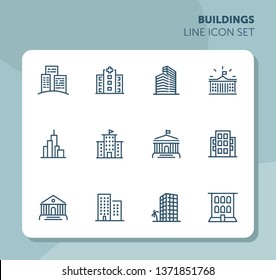 Buildings line icon set. Bank, school, courthouse, university, library. Architecture concept. Can be used for topics like office, city, real estate