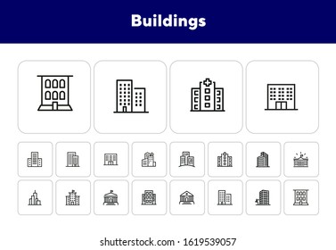 Buildings line icon set. Bank, school, courthouse, university, library. Architecture concept. Can be used for topics like office, city, real estate