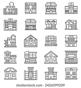 Buildings line icon set. Bank, school, courthouse, university, library. Architecture concept. Can be used for topics like office, city, real estate