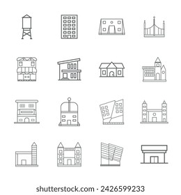 Buildings line icon set. Bank, school, courthouse, university, library. Architecture concept. Can be used for topics like office, city, real estate