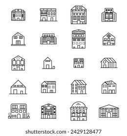 Buildings line icon set. Bank, school, courthouse, university, library. Architecture concept. Can be used for topics like office, city, real estate
