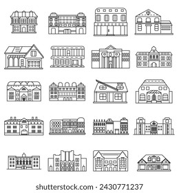 Buildings line icon set. Bank, school, courthouse, university, library. Architecture concept. Can be used for topics like office, city, real estate