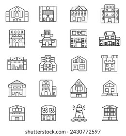 Buildings line icon set. Bank, school, courthouse, university, library. Architecture concept. Can be used for topics like office, city, real estate