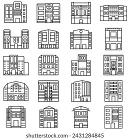 Buildings line icon set. Bank, school, courthouse, university, library. Architecture concept. Can be used for topics like office, city, real estate