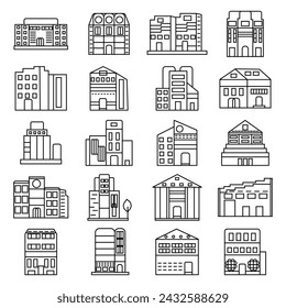 Buildings line icon set. Bank, school, courthouse, university, library. Architecture concept. Can be used for topics like office, city, real estate