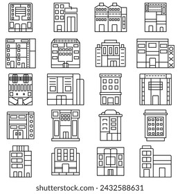 Buildings line icon set. Bank, school, courthouse, university, library. Architecture concept. Can be used for topics like office, city, real estate