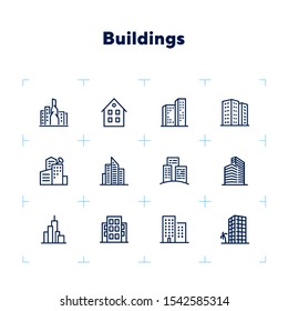 Buildings Line Icon Set. Office, House, Block Of Flats. City Concept. Can Be Used For Topics Like Residential Accommodation, Real Estate, Property