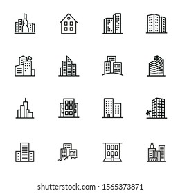 Buildings line icon set. Office, house, block of flats. City concept. Can be used for topics like residential accommodation, real estate, property