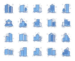 Buildings Line Icons. Bank, Hotel, Courthouse. City, Real Estate, Architecture Buildings Icons. Hospital, Town House, Museum. Urban Architecture, City Skyscraper, Downtown. Vector