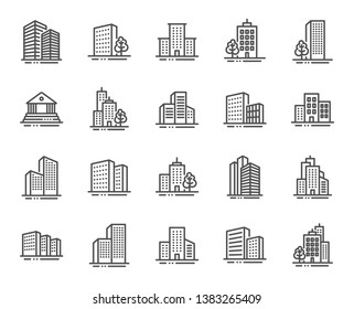 Buildings line icons. Bank, Hotel, Courthouse. City, Real estate, Architecture buildings icons. Hospital, town house, museum. Urban architecture, city skyscraper, downtown. Vector - Shutterstock ID 1383265409