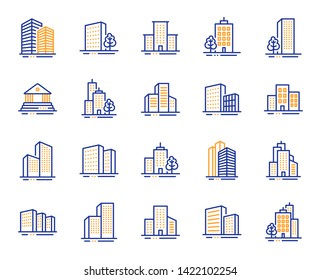 Buildings line icons. Bank, Hotel, Courthouse. City, Real estate, Architecture buildings icons. Hospital, town house, museum. Urban architecture, city skyscraper, downtown. Vector