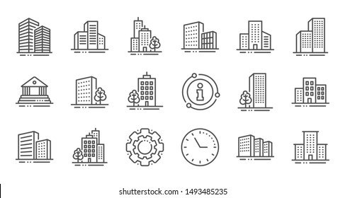 Buildings line icons. Bank, Hotel, Courthouse. City, Real estate, Architecture buildings icons. Hospital, town house, museum. Urban architecture, city skyscraper. Linear set. Quality line set. Vector