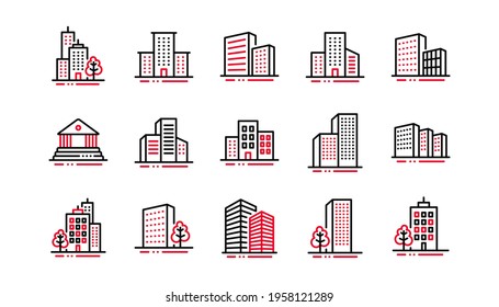 Buildings line icons. Bank, Hotel, Courthouse. City, Real estate, Architecture buildings icons. Hospital, town house, museum. Urban architecture, city skyscraper. Linear set. Linear set. Vector