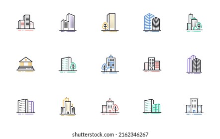 Buildings line icons. Bank, Hotel, Courthouse. City, Real estate, Architecture buildings icons. Hospital, town house, museum. Urban architecture, city skyscraper. Linear set. Vector