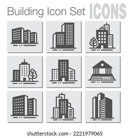 Buildings line icons. Bank, Hotel, Courthouse. City, Real estate, Architecture buildings icons. Hospital, town house, museum. Urban architecture, city skyscraper, downtown. Vector