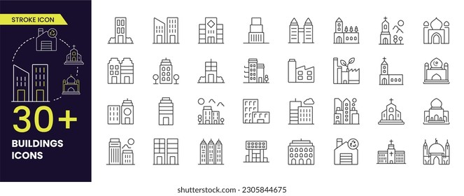 Buildings line icons. Office, Hotel, City, Real estate, Architecture buildings icons. religion, town house, Muslim, Christian. Urban architecture, city skyscraper. Linear set. Vector editable stroke