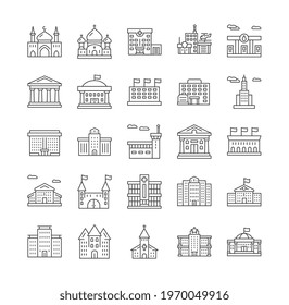 Buildings line icons set. Bank, school, courthouse, university, church, mosque, church, gas station, shopping center, residential building, library. Office city real estate Architecture concept