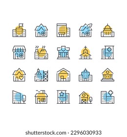 Buildings line icons. Set of buildings icons. Black, blue and yellow colors. Modern outline graphic design. Vector line icons set