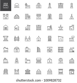 Buildings line icons set, outline vector symbol collection, linear style pictogram pack. Signs, logo illustration. Set includes icons as factory, warehouse, airport, hospital, lighthouse, castle