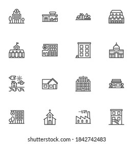 Buildings line icons set, outline vector symbol collection, linear style pictogram pack. Signs, logo illustration. Set includes icons as bank building, county house, hospital, church, school, library