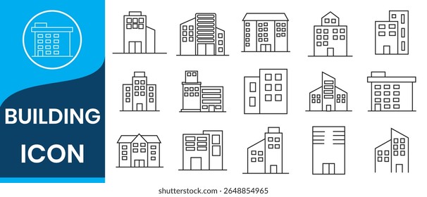 Conjunto de ícones da linha de prédios. Imóveis, Casa, Casa, Apartamento, Hospital, Hotel, Paisagem urbana, Centro da cidade, Museu, Mesquita, Igreja, Pagode. Ilustração do vetor de ícones dos edifícios de arquitetura