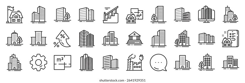 Buildings line icons. Settings gear, Message, Inflation icons. Bank, Hotel, Courthouse. City, Real estate, Architecture buildings icons. Hospital, town house, museum. Vector