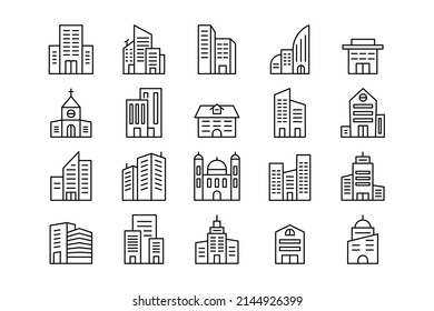 Buildings line icons. Simple house, office, residential block city symbols editable strokes, urban concept. Vector set