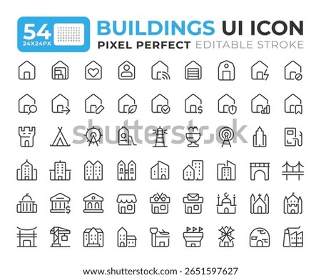 Buildings line ui icons set. House utilities. City townhouse. Condominium, apartments. Commerce, business. Isolated vector outline symbols iconography. User interface elements linear, pixel perfect