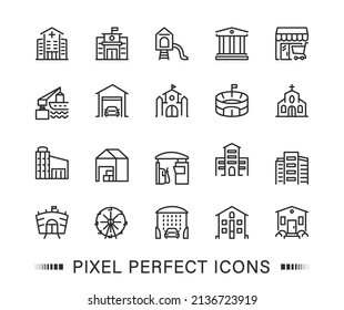 Buildings linear perfect pixel icons. Icon set. Bank and school, hospital and shop icon, gas station