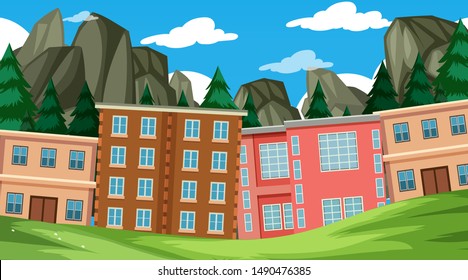 Edificios que bordean el borde de un parque durante la ilustración del día