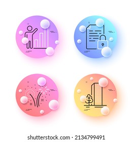 Buildings, Lock and Fireworks minimal line icons. 3d spheres or balls buttons. Graph chart icons. For web, application, printing. City architecture, Document with padlock, Pyrotechnic salute. Vector